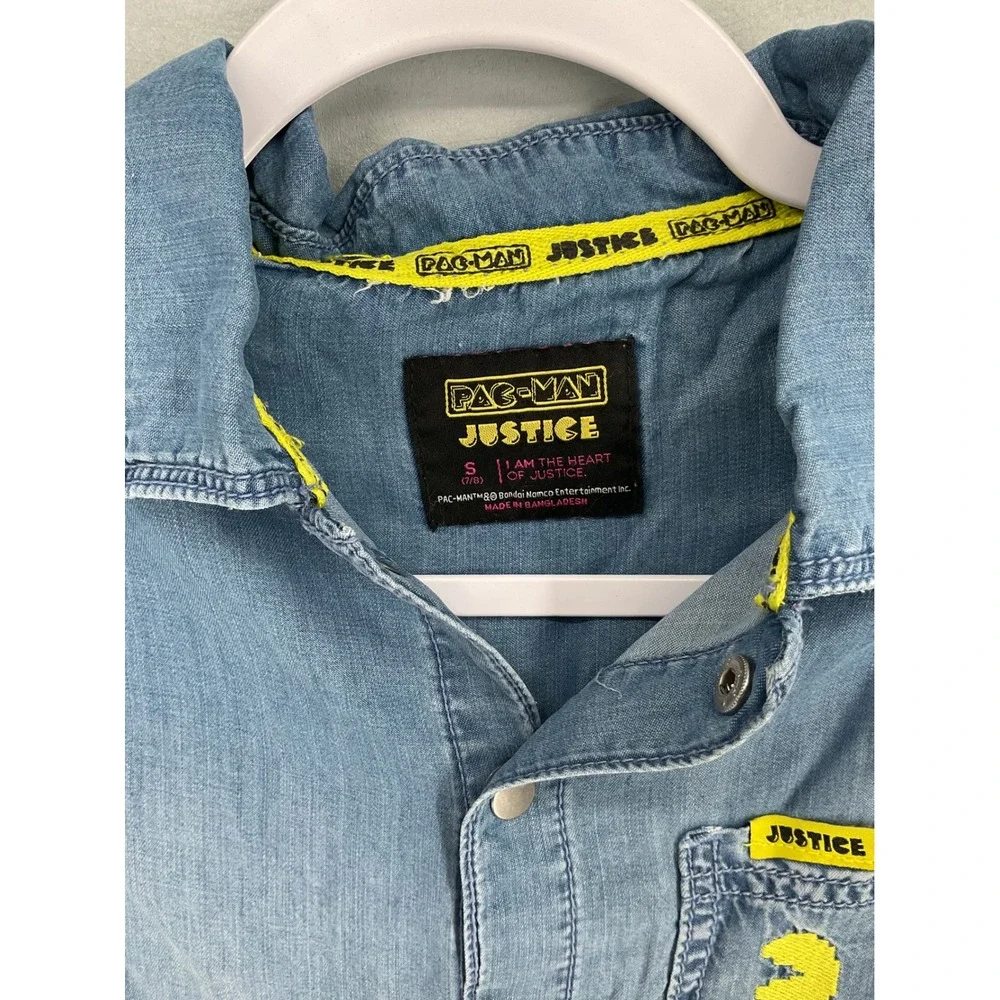 Justice Girls Denim Shirt Pac-Man Embroidery Raw Hem Blue S 7/8